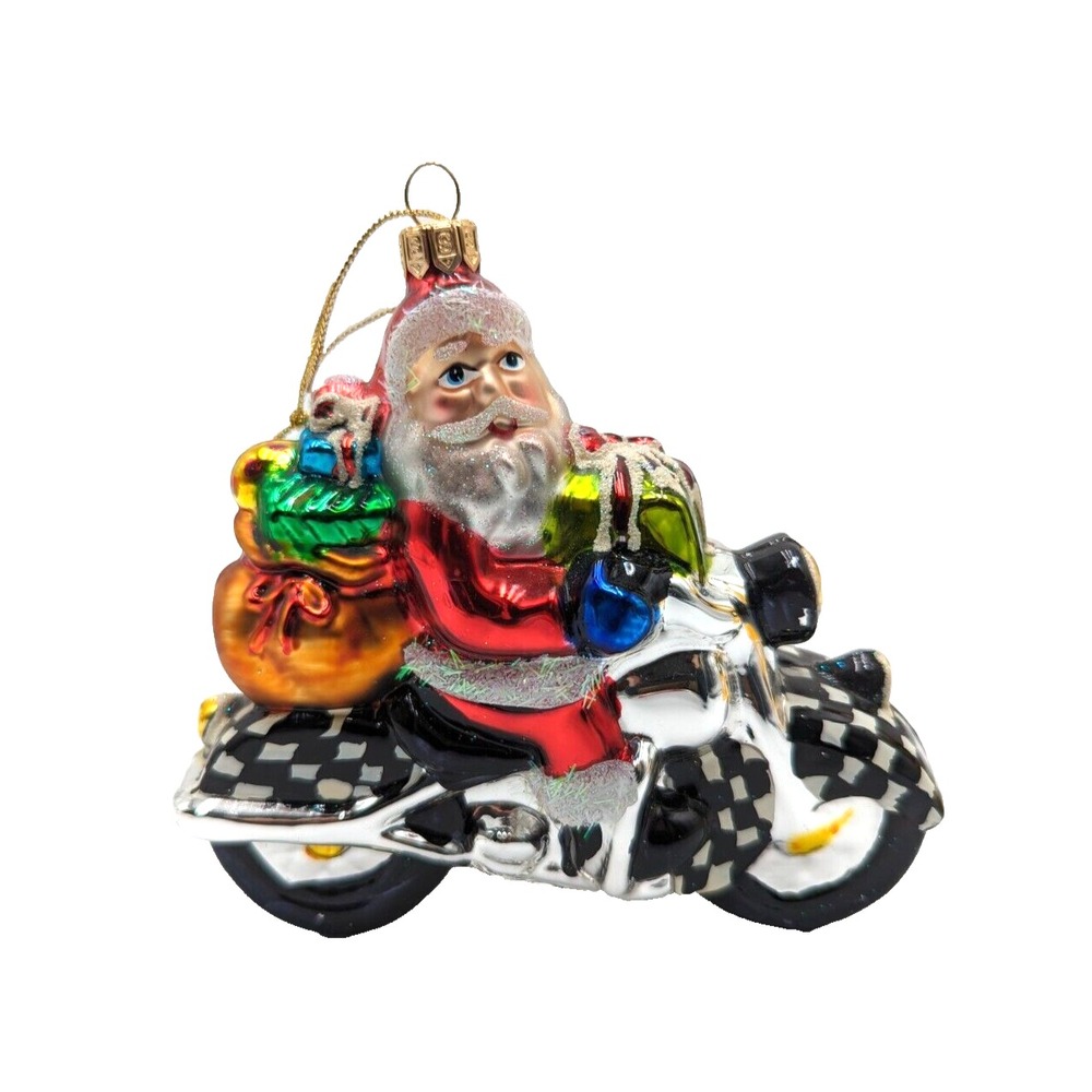 Christmas Blown Glass Biker Santa Claus on‎ Taxi Motorcycle Ornament